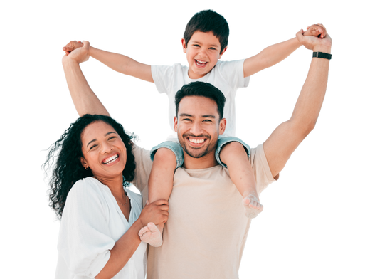A joyful family of three, smiling and celebrating together with the child on the father's shoulders.